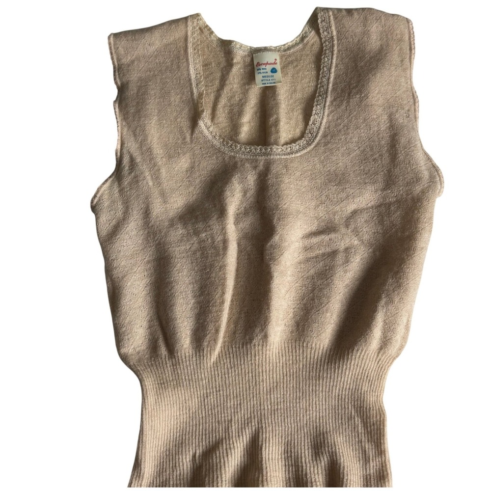 Vintage Escapade Wool Blend Knit Lace Trim Tank Top Tan England Made Womens M L